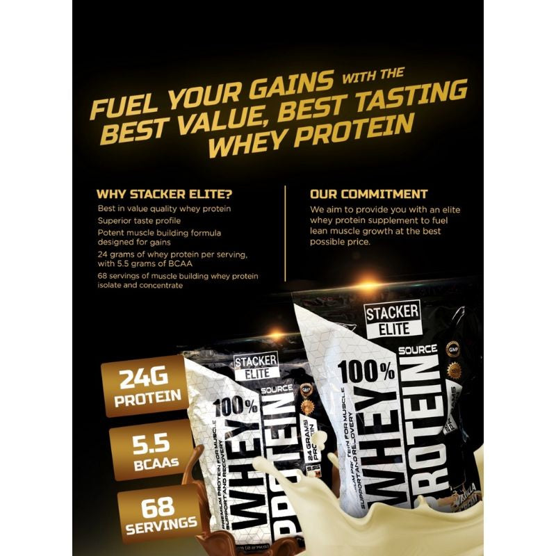 STACKER ELITE 100% WHEY PROTEIN 5LBS 68 Servings with FREE SHAKER | Muscle Support and Recovery